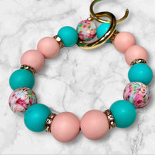 Load image into Gallery viewer, Turquoise Mini Wallet with Floral Silicone Beaded Wristlet - Faux Leather