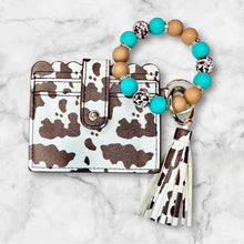 Load image into Gallery viewer, Brown Cow Print Mini Wallet with Matching Silicone Beaded Wristlet - Faux Leather