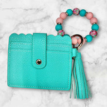 Load image into Gallery viewer, Turquoise Mini Wallet with Floral Silicone Beaded Wristlet - Faux Leather