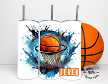 Load image into Gallery viewer, Personalized Basketball Blue Splatter Tumbler or Water Bottle With Name