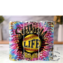 Load image into Gallery viewer, Tie Dye Rainbow Softball Life Tumbler With Name 20 oz. Skinny Tumbler or Water Bottle