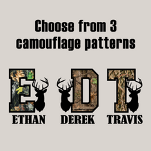 Load image into Gallery viewer, Custom Camouflage Name and Initial Toddler or Youth Tee, Baby Bodysuit, Choose Style of Hunting Camo