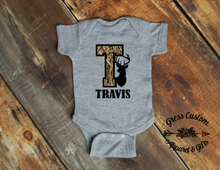 Load image into Gallery viewer, Custom Camouflage Name and Initial Toddler or Youth Tee, Baby Bodysuit, Choose Style of Hunting Camo