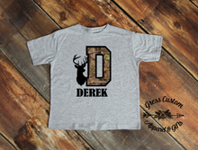Load image into Gallery viewer, Custom Camouflage Name and Initial Toddler or Youth Tee, Baby Bodysuit, Choose Style of Hunting Camo