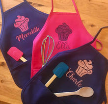 Load image into Gallery viewer, Personalized Pink Girls Apron With Glitter Cupcake And Name, Free Shipping, Personalized Apron With Pockets, Ready To Ship