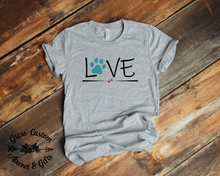 Load image into Gallery viewer, LOVE Animal Lover T-Shirt With Glitter Paw Print (Youth and Adult)
