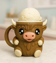 Load image into Gallery viewer, Highland Cow Ice Cream Holder – Pint Size with Spoon &amp; Topping Storage!
