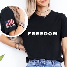 Load image into Gallery viewer, Freedom T-Shirt with Sleeve Detail, Charlie Kirk Design
