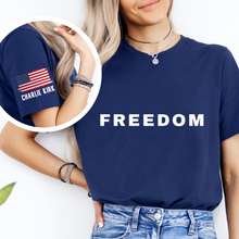 Load image into Gallery viewer, Freedom T-Shirt with Sleeve Detail, Charlie Kirk Design
