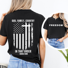 Load image into Gallery viewer, Family God Country T-Shirt, Back Design, Charlie Kirk
