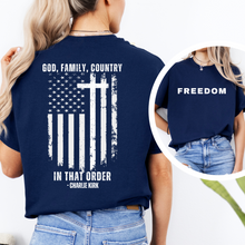 Load image into Gallery viewer, Family God Country T-Shirt, Back Design, Charlie Kirk
