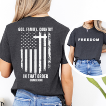 Load image into Gallery viewer, Family God Country T-Shirt, Back Design, Charlie Kirk
