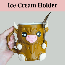 Load image into Gallery viewer, Highland Cow Ice Cream Holder – Pint Size with Spoon &amp; Topping Storage!
