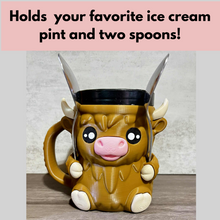 Load image into Gallery viewer, Highland Cow Ice Cream Holder – Pint Size with Spoon &amp; Topping Storage!
