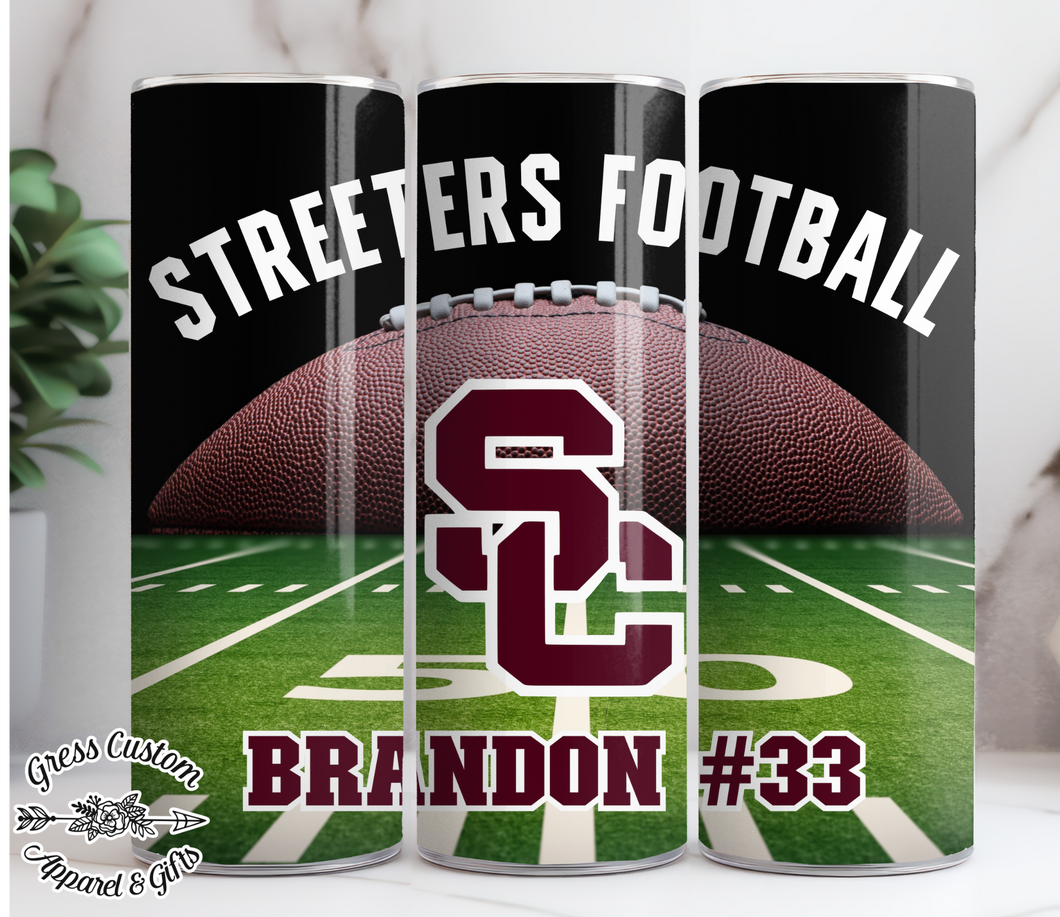 Streeters Football Sublimation Tumbler, 20 oz. Skinny Tumbler or Water Bottle
