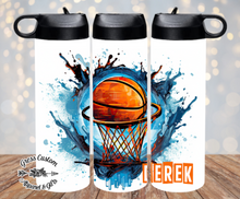 Load image into Gallery viewer, Personalized Basketball Blue Splatter Tumbler or Water Bottle With Name
