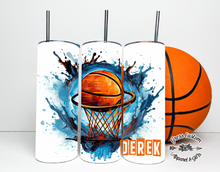 Load image into Gallery viewer, Personalized Basketball Blue Splatter Tumbler or Water Bottle With Name
