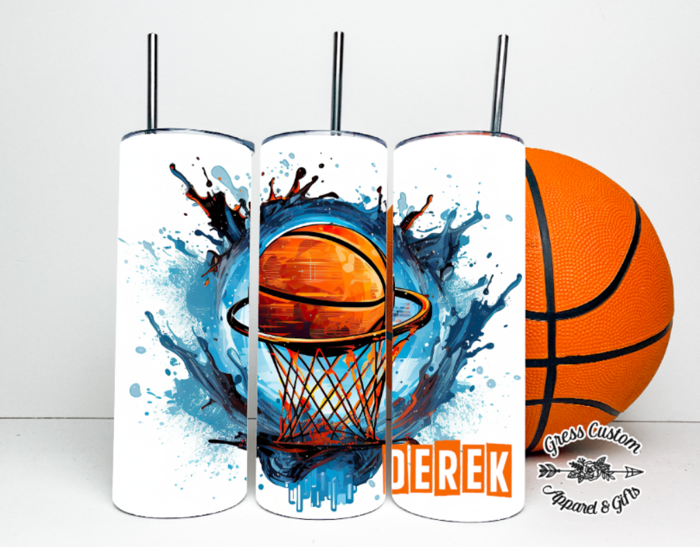 Personalized Basketball Blue Splatter Tumbler or Water Bottle With Name
