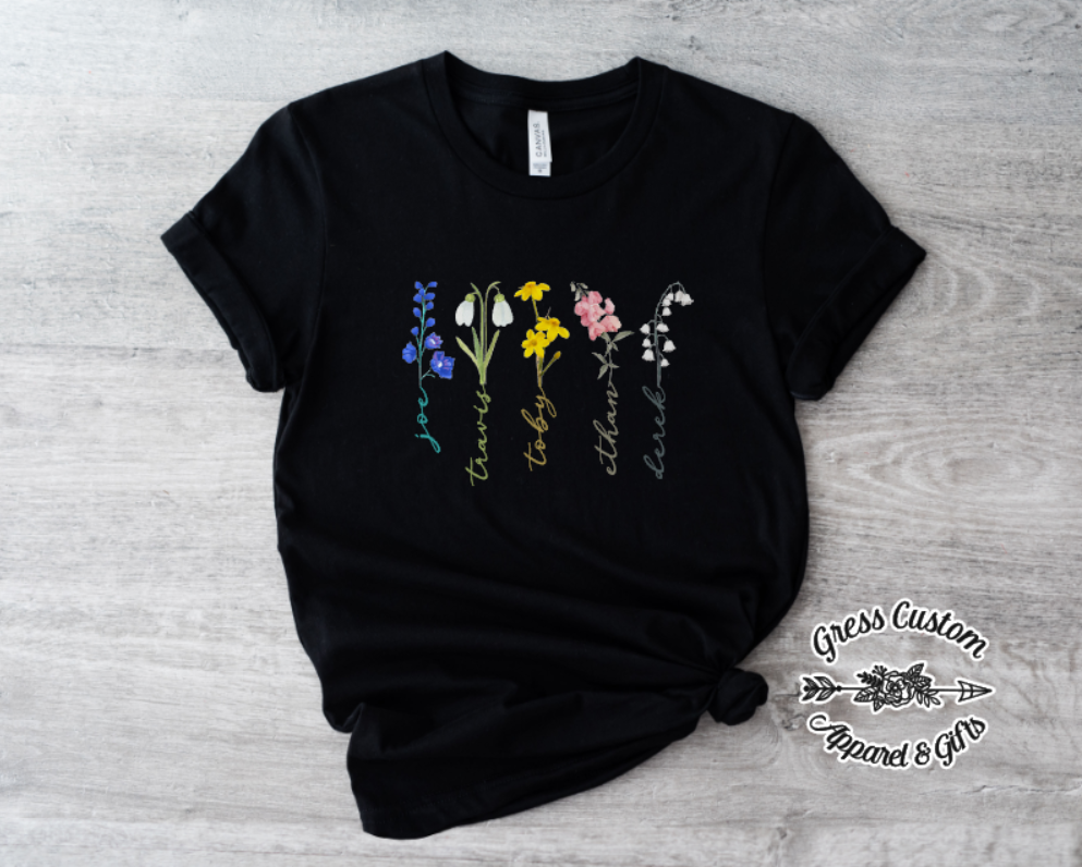 Personalized Birth Month Flower With Names T-Shirt or Hoodie, Mother's Day Gift