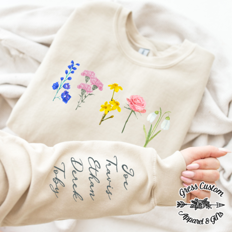 Personalized Hoodie - Birth Month Flower With Names On Sleeve, Mother's Day Gift