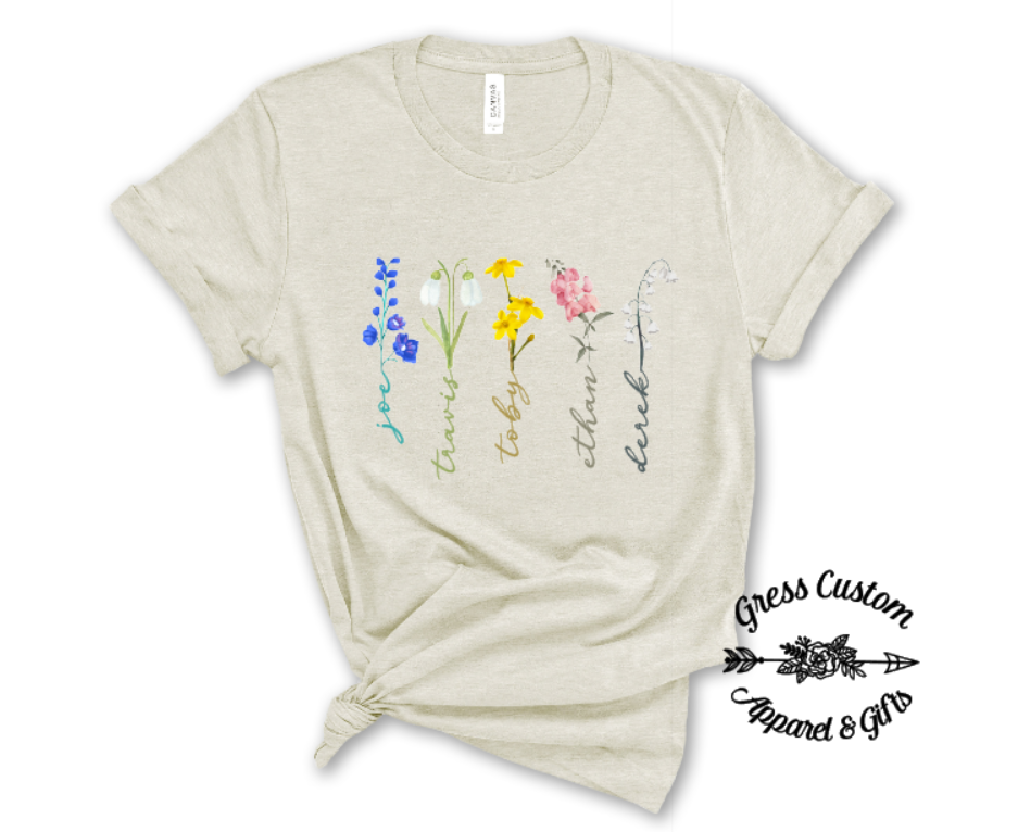 Personalized Birth Month Flower With Names T-Shirt or Hoodie, Mother's Day Gift