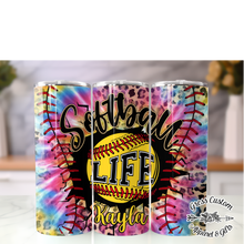 Load image into Gallery viewer, Tie Dye Rainbow Softball Life Tumbler With Name 20 oz. Skinny Tumbler or Water Bottle
