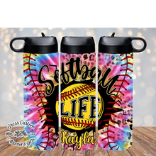 Load image into Gallery viewer, Tie Dye Rainbow Softball Life Tumbler With Name 20 oz. Skinny Tumbler or Water Bottle
