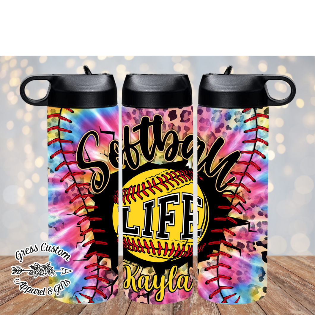 Tie Dye Rainbow Softball Life Tumbler With Name 20 oz. Skinny Tumbler or Water Bottle