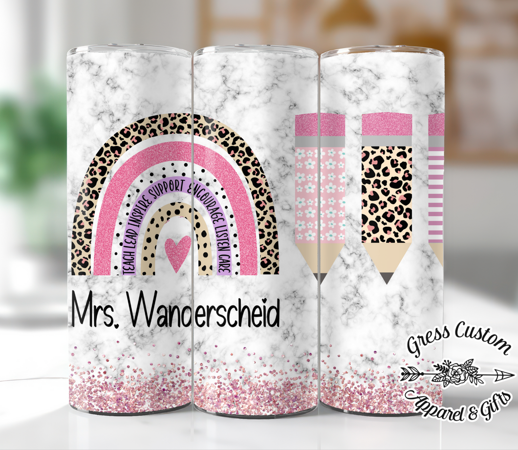 Pink Faux Glitter and Rainbow Teacher Tumbler With Name Sublimation Tumbler, 20 oz. Skinny Tumbler