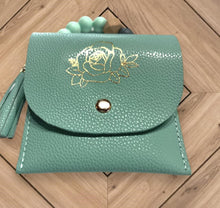 Load image into Gallery viewer, Teal Mini Wallet with Metallic Gold Rose and Elastic Silicone Beaded Wristlet Set
