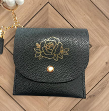 Load image into Gallery viewer, Black Mini Wallet with Metallic Gold Rose and Elastic Silicone Beaded Wristlet Set
