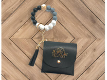 Load image into Gallery viewer, Black Mini Wallet with Metallic Gold Rose and Elastic Silicone Beaded Wristlet Set
