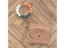 Load image into Gallery viewer, Pink Mini Wallet with Metallic Gold Rose and Elastic Silicone Beaded Wristlet Set
