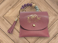 Load image into Gallery viewer, Dark Mauve Mini Wallet with Metallic Gold Rose and Elastic Silicone Beaded Wristlet Set
