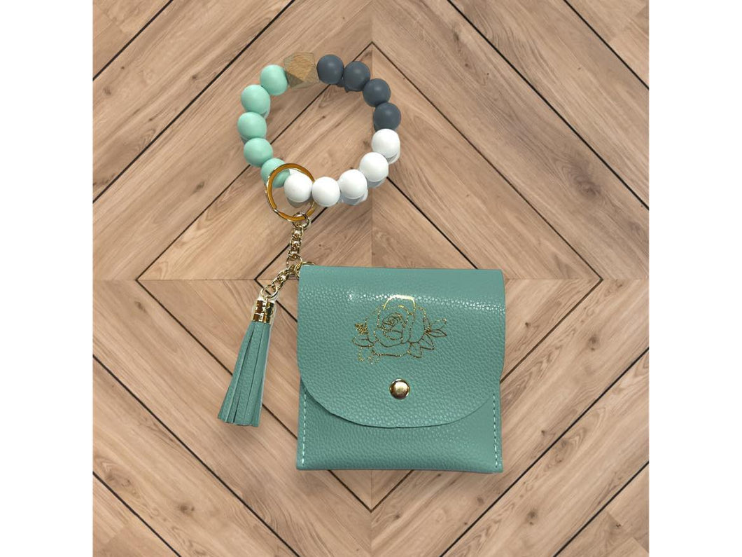 Teal Mini Wallet with Metallic Gold Rose and Elastic Silicone Beaded Wristlet Set