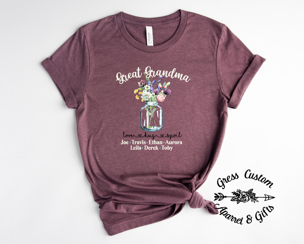 Personalized Great Grandma Floral T-Shirt, Change to Grandma or Any Name!  Mother's Day Gift
