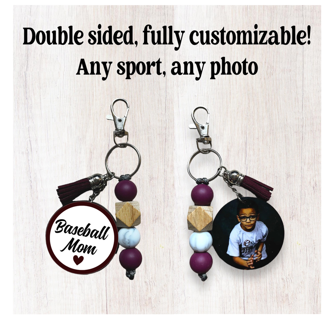 Baseball Keychain With Tassel and Custom Photo Pendant - Customizable Colors