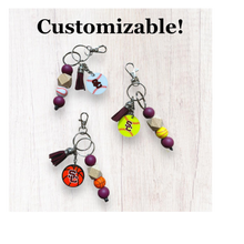 Load image into Gallery viewer, Beaded Sports Keychain With Tassel and Custom Pendant - Customizable Colors, Softball, Baseball, Swim, Volleyball, Basketball, Wrestling, Streeters
