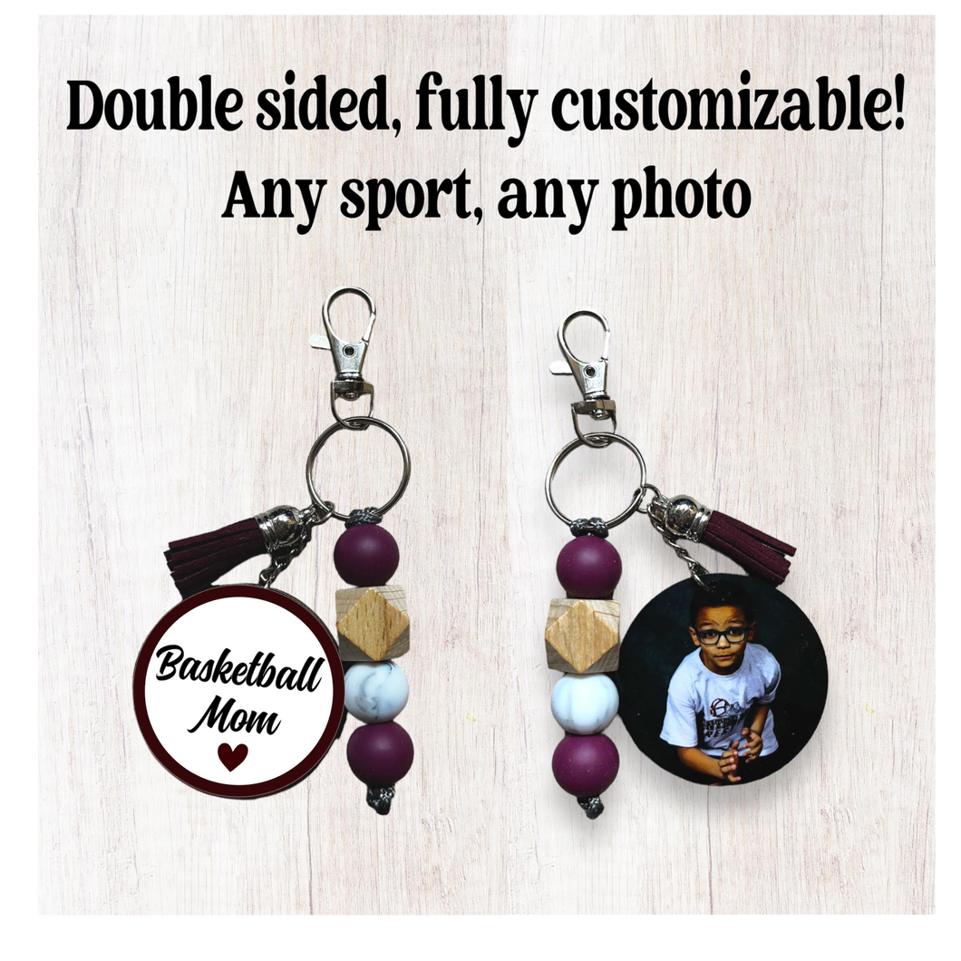 Basketball Keychain With Tassel and Custom Photo Pendant - Customizable Colors