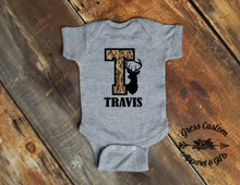 Load image into Gallery viewer, Custom Camouflage Name and Initial Toddler or Youth Tee, Baby Bodysuit, Choose Style of Hunting Camo

