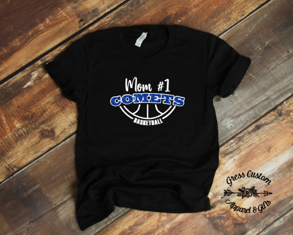 Comets Basketball Mom With Blue Glitter, Option To Add Jersey Number, Black (Adult)