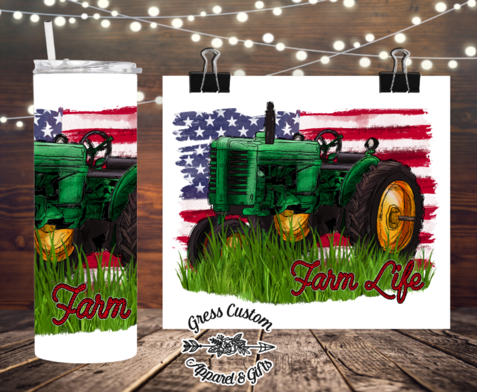 Patriotic Farm Life Tractor Tumbler, Farming Design, 20 oz. Skinny Tumbler