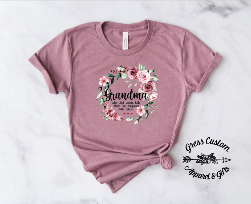 Personalized Grandma Floral Circle T-Shirt - Customize for Mom or Anyone! Mother's Day Gift
