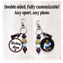 Load image into Gallery viewer, Hockey Keychain With Tassel and Custom Photo Pendant - Customizable Colors
