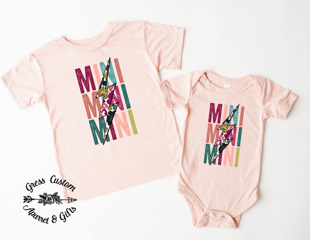 Premium Material Color, Mini Stacked Colorful Leopard Lightning Bolt T-Shirt, Matches Mama Shirt (Youth)