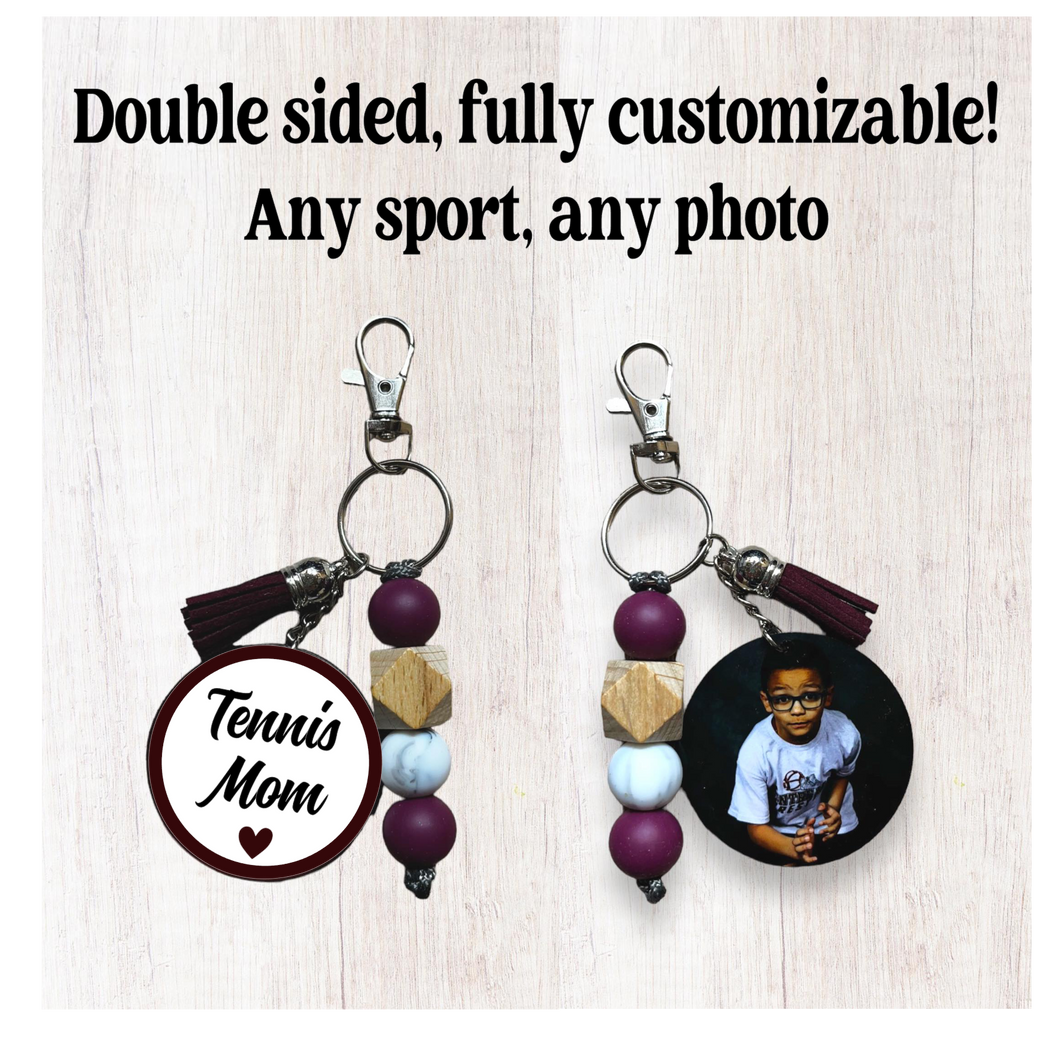 Tennis Keychain With Tassel and Custom Photo Pendant - Customizable Colors